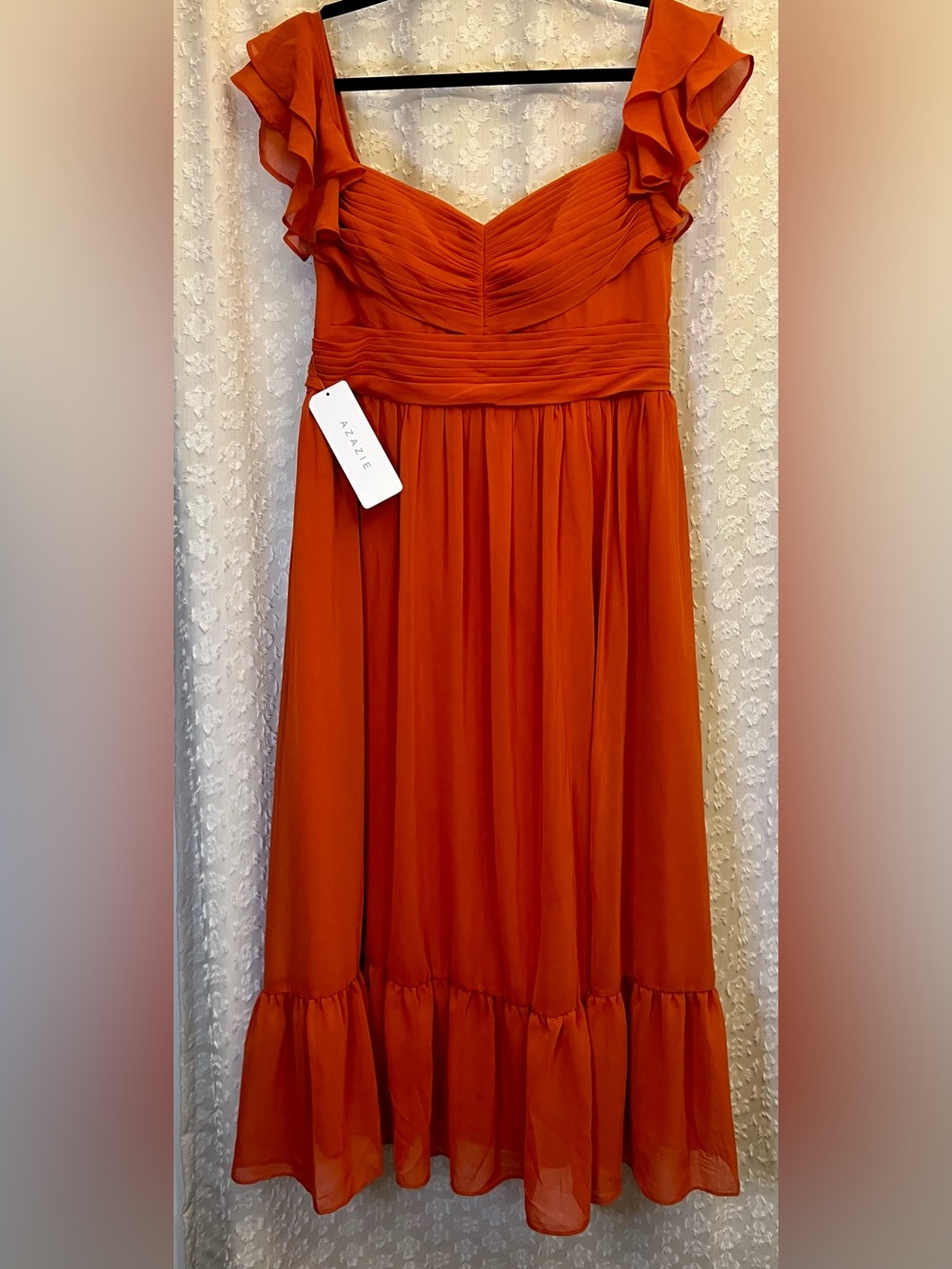 NWT Azazie Anaya Bridesmaid Dress in Paprika Size 12 Flutter Sleeve Chiffon Maxi